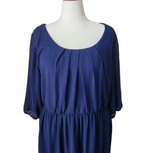 By & By Navy Blue 3/4 Sleeve Sheer Crew Neck Ruched Drape Plus Size Dress 2X